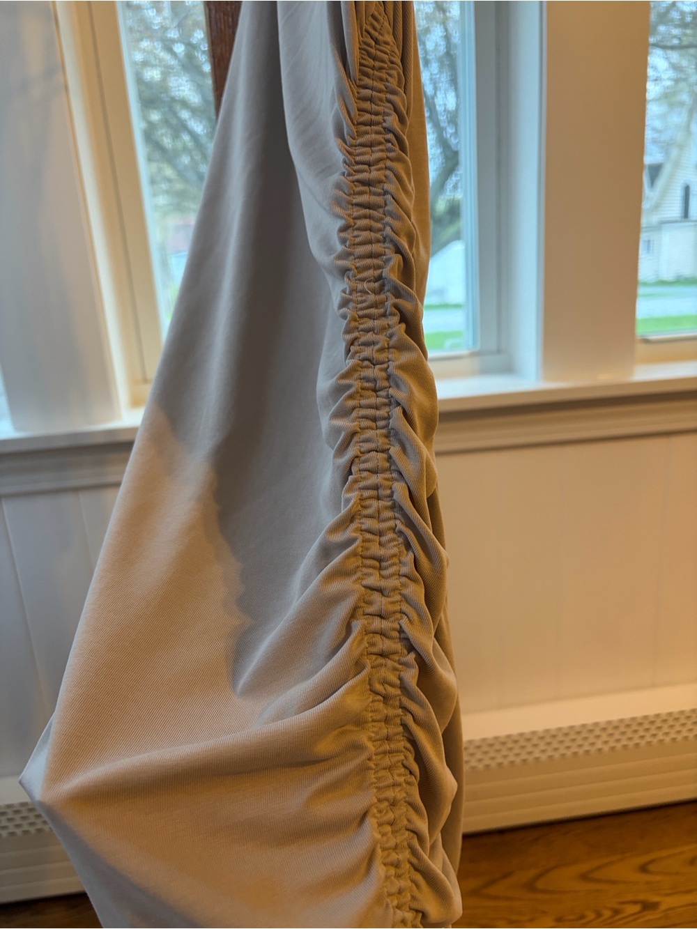 Express Light Beige Ruched Side-Tie Midi Skirt - Picture 3 of 9